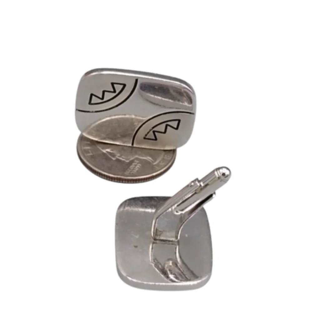 Men's Silver Etched Geometric Cuff Links Vintage